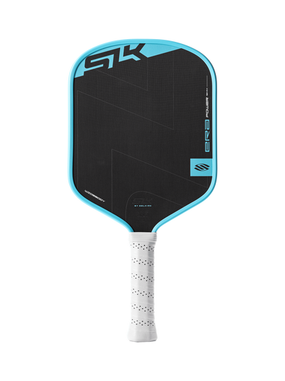 The Selkirk SLK ERA Power - Widebody pickleball paddle by Selkirk features a black design with a blue edge, white grip, and displays "SK" and "ERO" on the face.