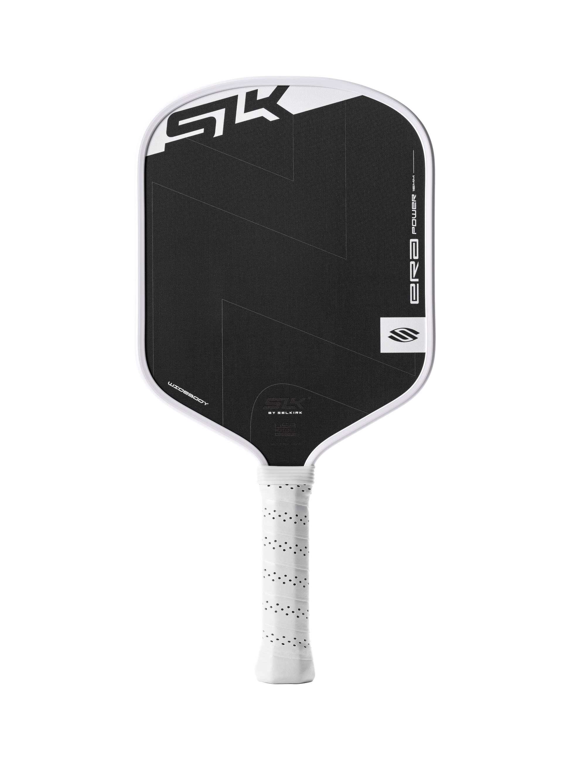 The Selkirk SLK ERA Power - Widebody by Selkirk is a black and white pickleball paddle with a textured surface, white grip, and bold geometric design.
