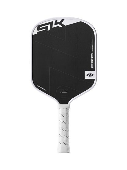 The Selkirk SLK ERA Power - Widebody by Selkirk is a black and white pickleball paddle with a textured surface, white grip, and bold geometric design.