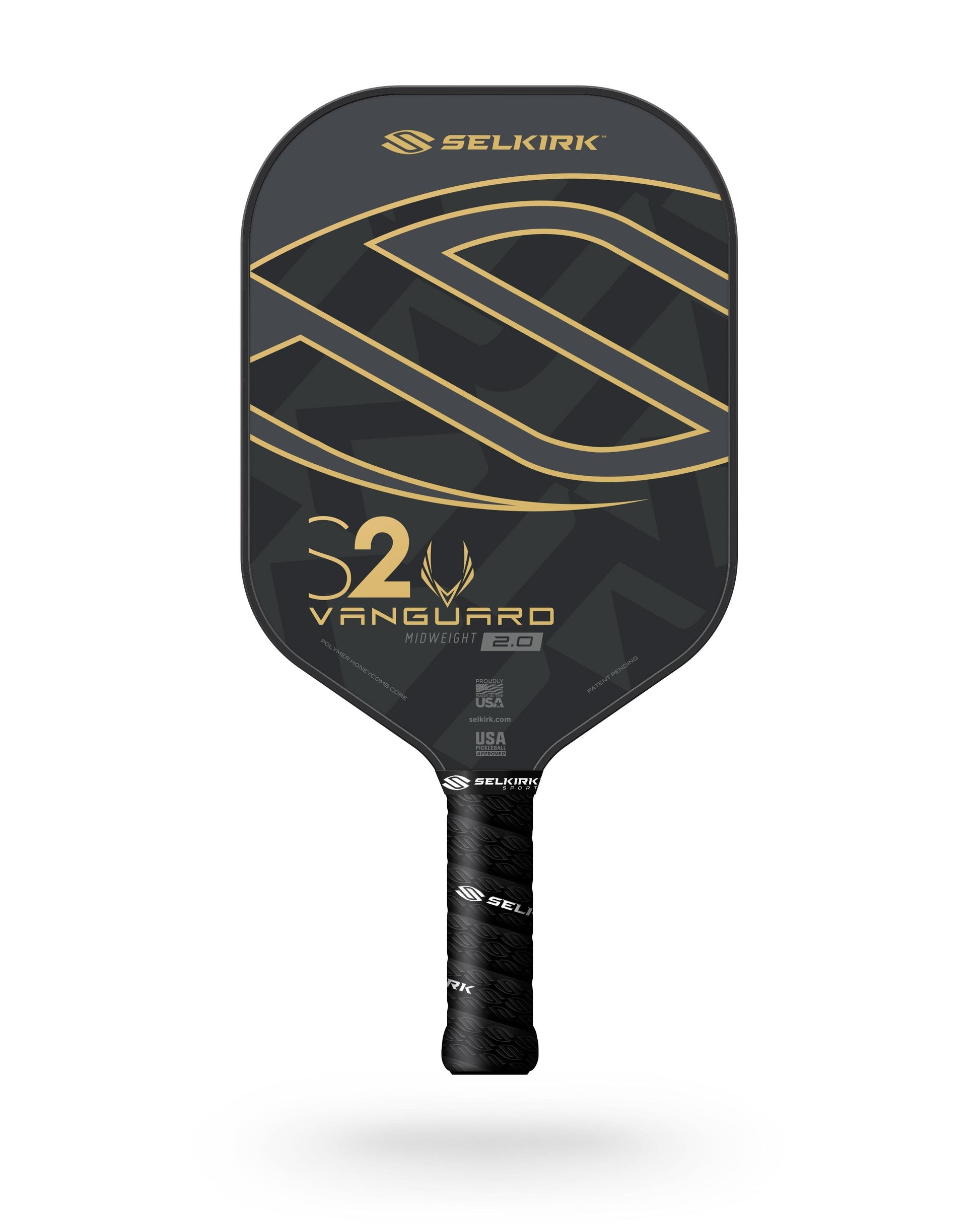 A Pickleballist Selkirk Vanguard Power Air S2 pickleball paddle with a black and gold design, featuring the logo and model name prominently on the paddle face, provides the largest surface area for enhanced play.