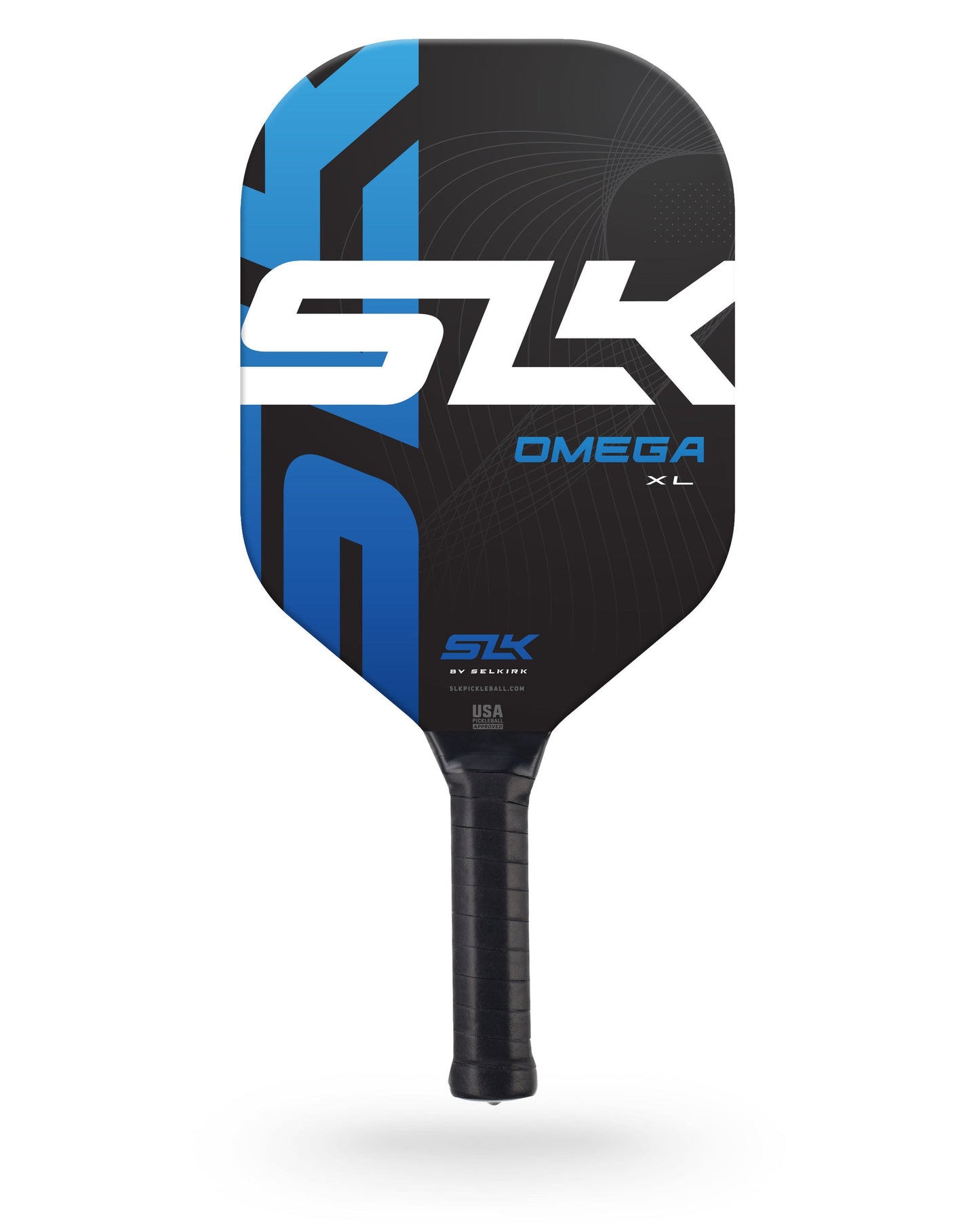 Black and blue SLK Omega XL pickleball paddle with Pickleballist branding, isolated on a white background.