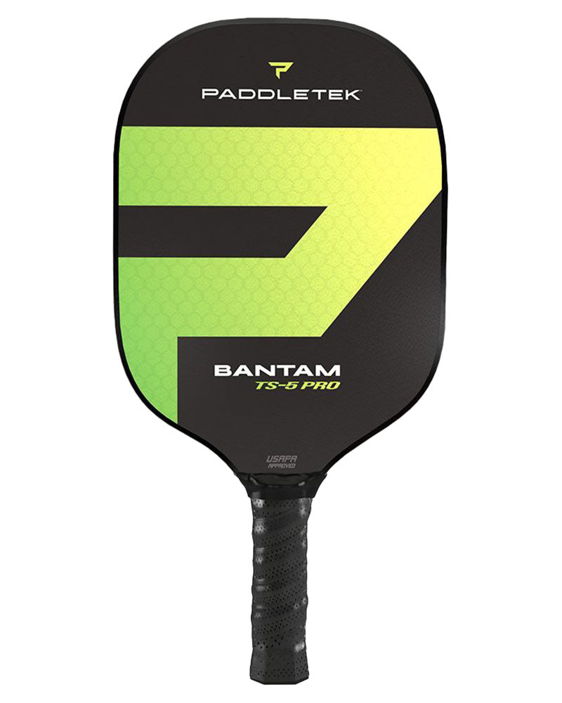 A Paddletek Bantam TS-5 Pro Pickleball Paddle with a yellow and black design featuring UV-coated fiberglass textured face.