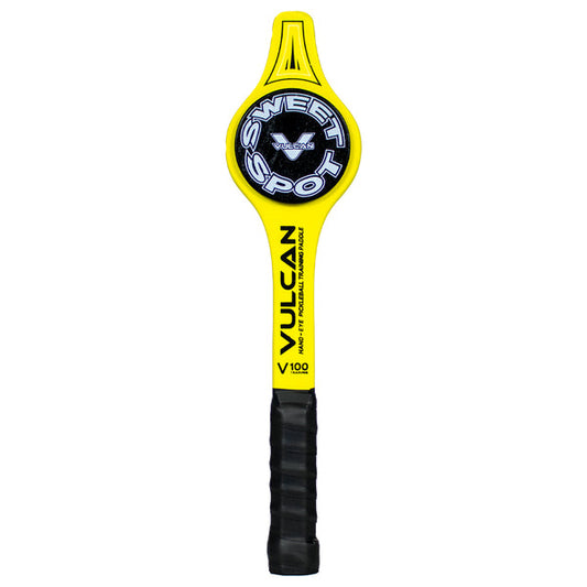 The Vulcan V100 TRAINING PADDLE Pickleball Paddle is a hand-eye coordination tool designed with a sweet spot, featuring a yellow bat with a black handle.