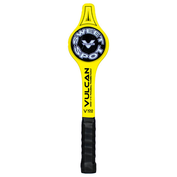 A Pickleballist Vulcan V100 TRAINING PADDLE pickleball paddle, featuring a black and yellow design, displayed against a white background.