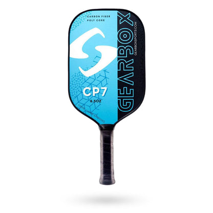 Gearbox CP7 Pickleball Paddle with a carbon fiber face and poly core, weighing 8.5 ounces, features a striking blue and black design.