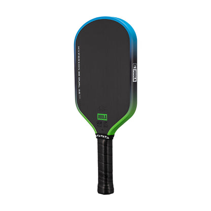 The JOOLA Hyperion 3S Dual 16mm Pickleball Paddle, black with a blue and green edge and black grip, features a Charged Carbon Surface and stands upright against a white background.