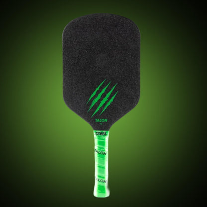 The OWL Talon X1 Quiet Pickleball Paddle, in black with a green claw mark and bright green handle, features enhanced spin control and is shown against a dark green gradient background.