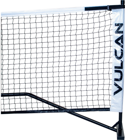 Black portable Pickleballist pickleball net with the word "Vulcan" printed on the side band, set against a white background.