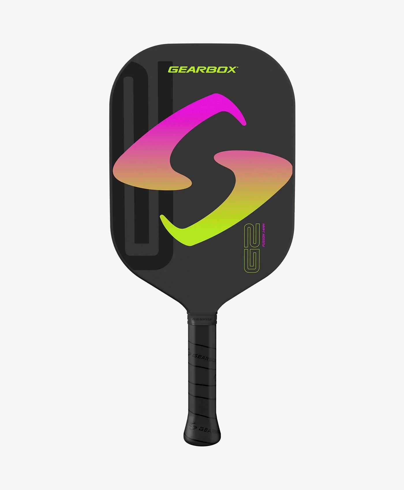 A Gearbox G2 Integra 14mm Edgeless Pickleball Paddle with a black handle and a dark face featuring a multicolored "G" logo.