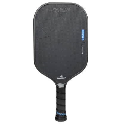 A Diadem Warrior BluCore Standard Elongated 16mm Pickleball Paddle featuring a black, geometric design, textured surface, and wrapped handle is displayed against a white background in this sleek product description.