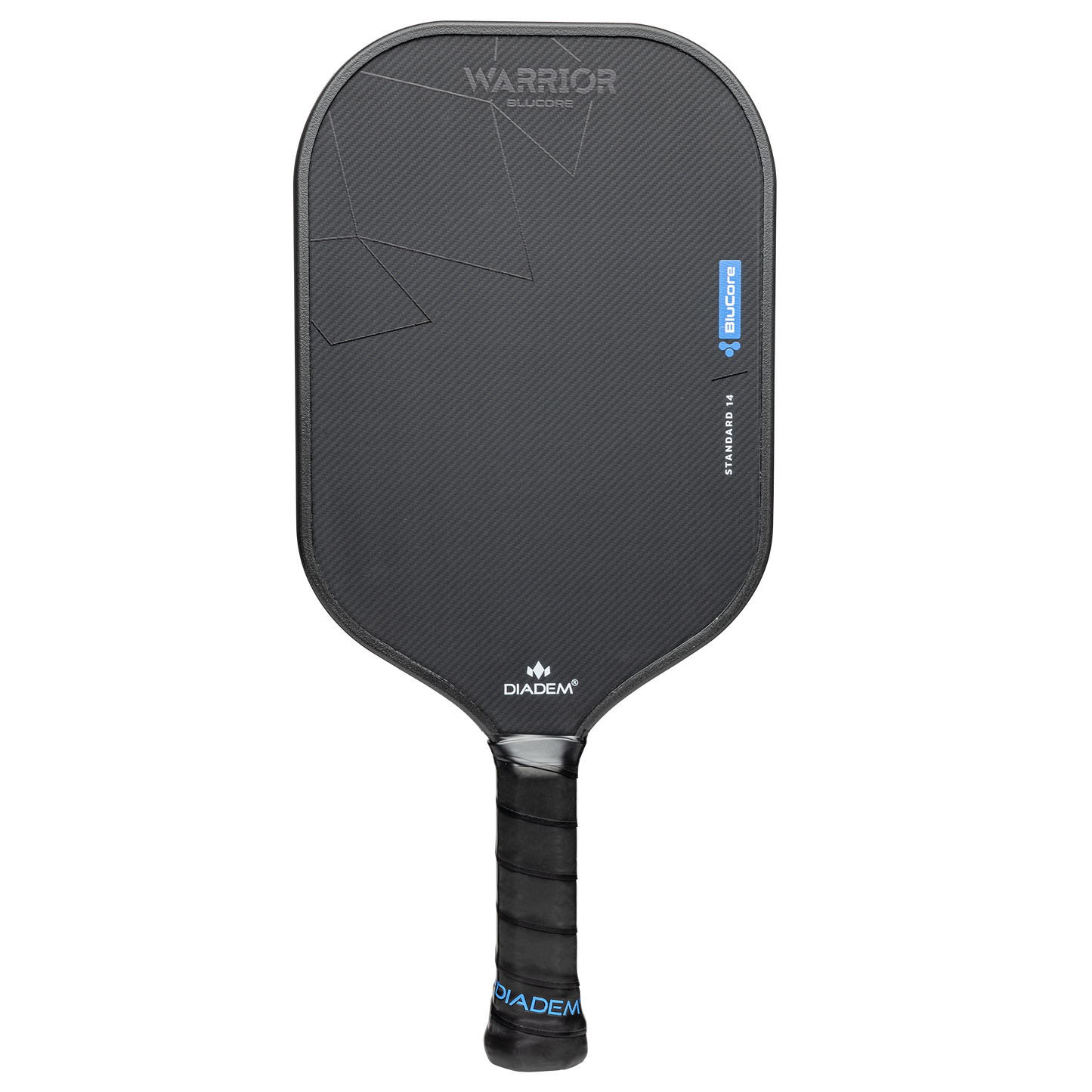 A Diadem Warrior BluCore Standard Elongated 19mm pickleball paddle with a textured surface, geometric accents, and wrapped handle is shown against a plain white background.