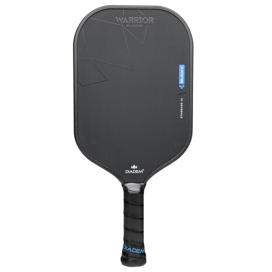 A Diadem Warrior BluCore Standard Elongated 19mm pickleball paddle with a textured surface, geometric accents, and wrapped handle is shown against a plain white background.