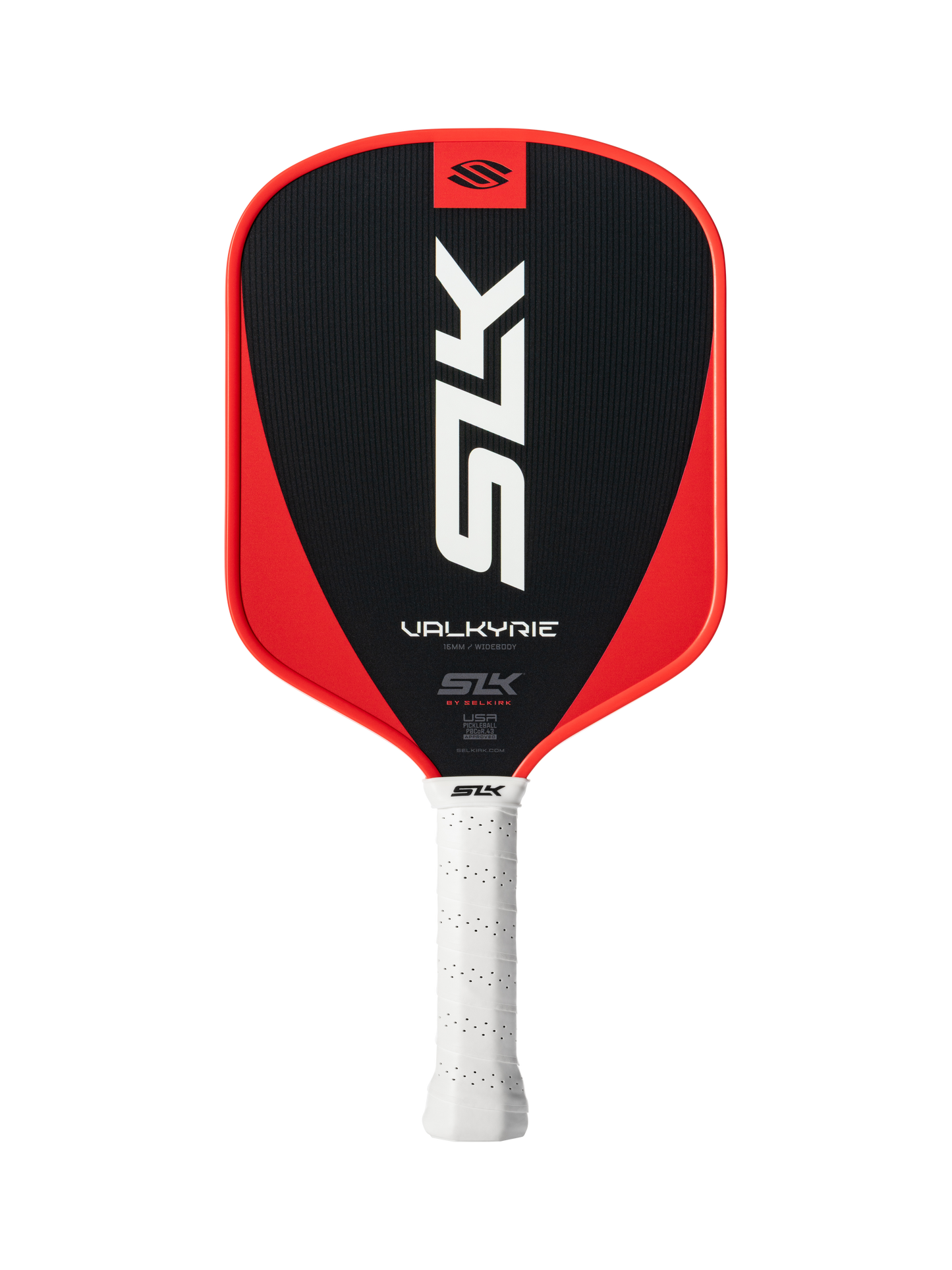 The Selkirk SLK Valkyrie Widebody 16mm Pickleball Paddle features a black and red design, "SLK" and "VALKYRIE" printed on the face, and a white perforated grip handle.