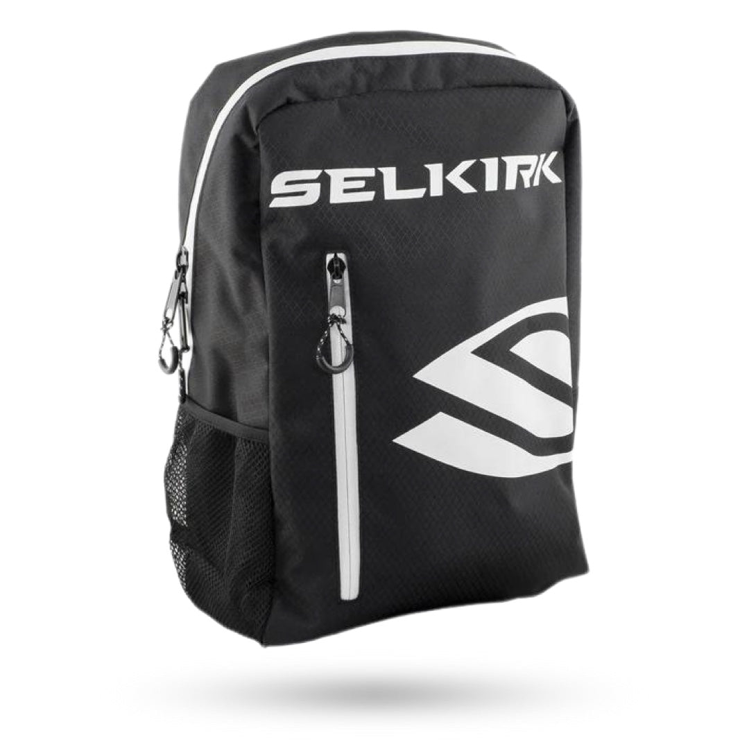 A black and white Selkirk Day Backpack (2021) Pickleball Bag with the word Selkirk on it.