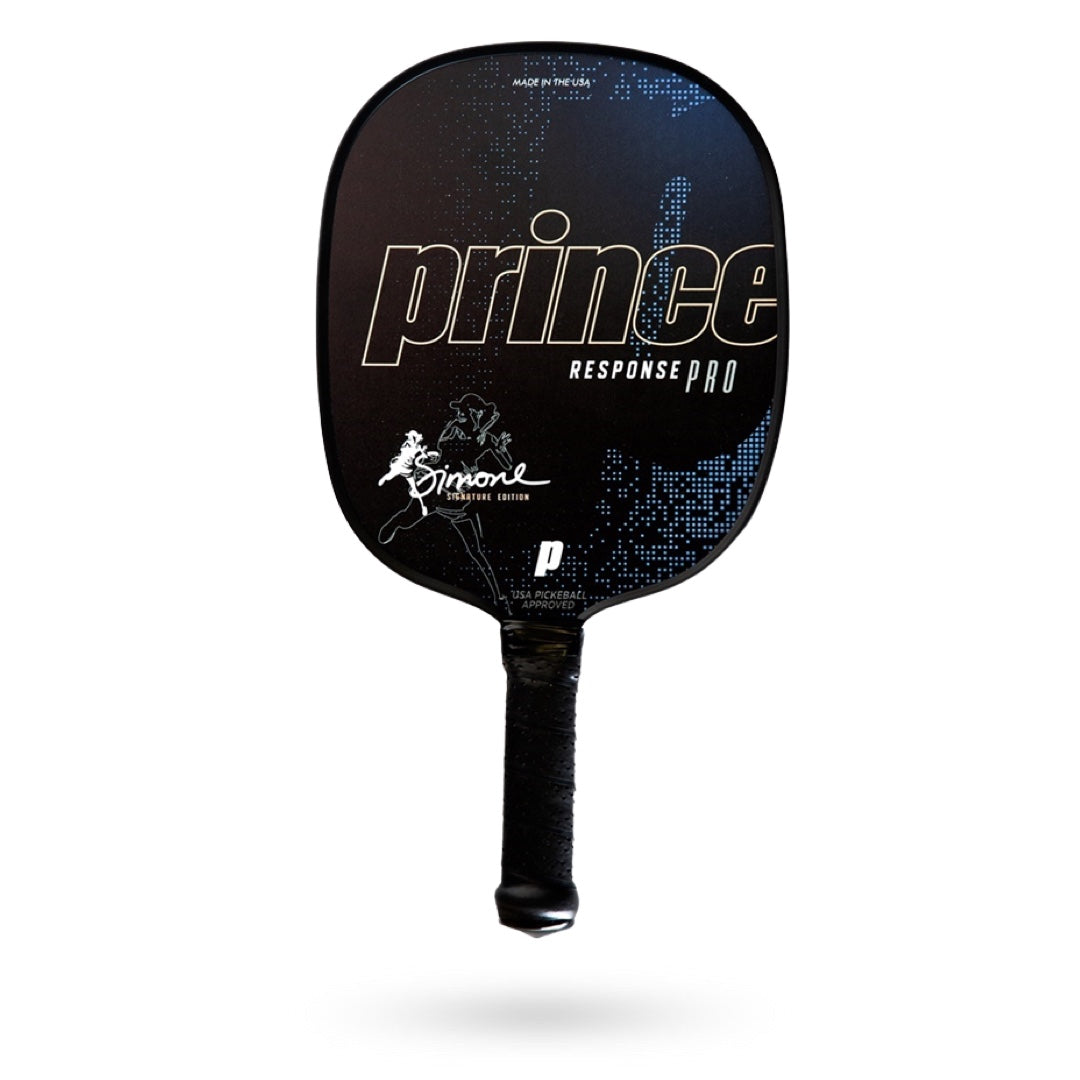 A black Prince Response Pro Pickleball Paddle with the word Prince on it, designed to have a sweet spot.