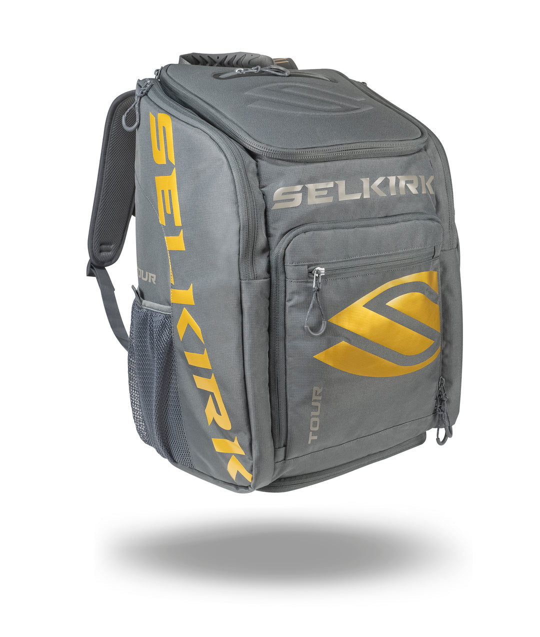 A grey and yellow Selkirk Tour Backpack (2021) Pickleball Bag with the word Selkirk on it.