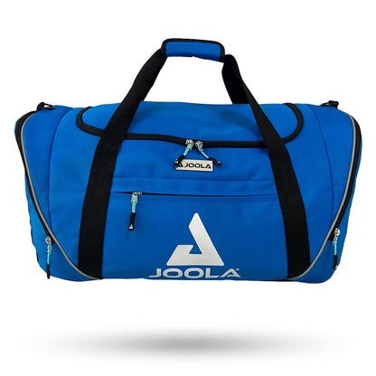 A blue JOOLA Vision II Duffle Bag Pickleball Bag made from durable 600d polyester with black handles and zippers is displayed against a white background.