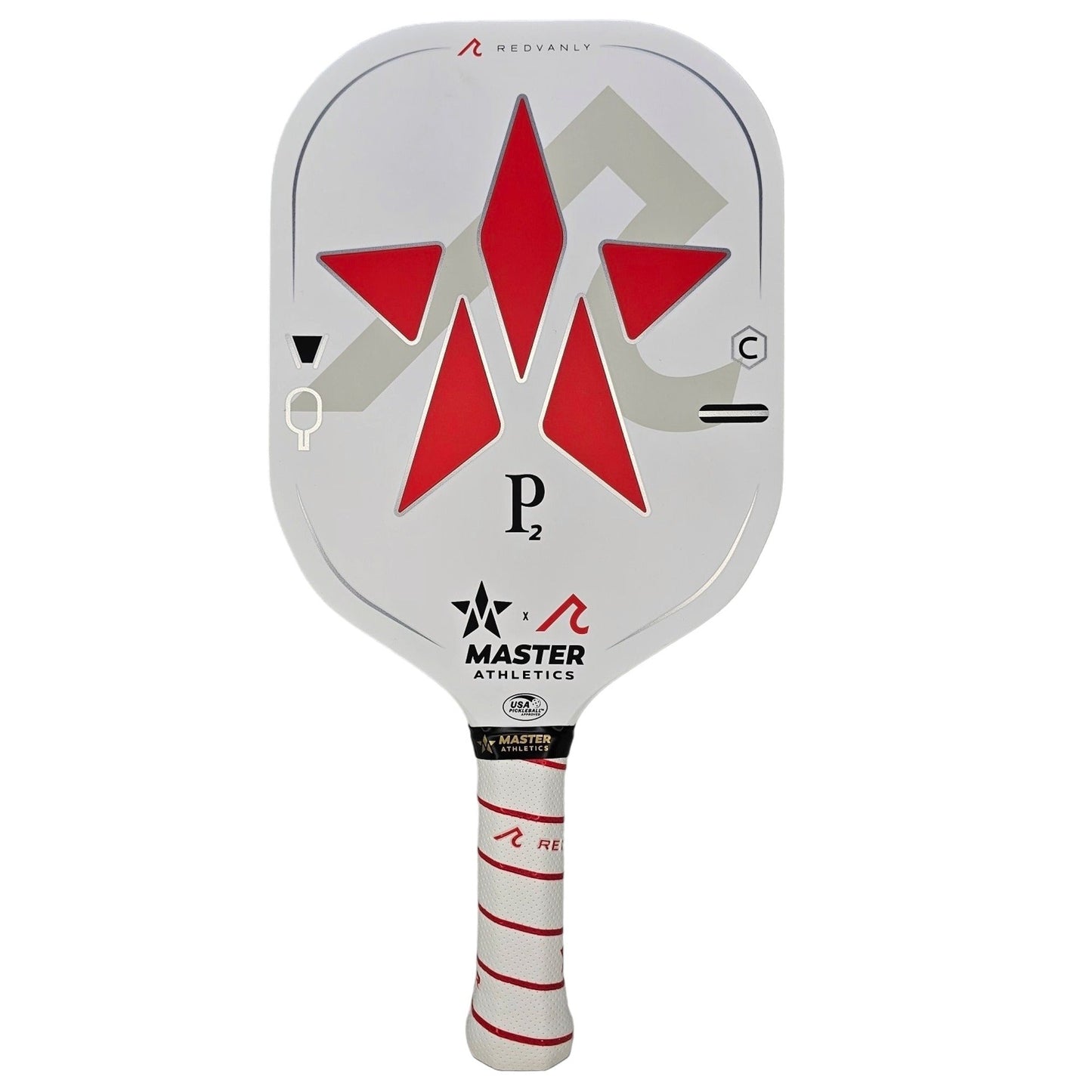 The "Master Athletics P2 V2 Pickleball Paddle" by Master Athletics is white with a red and gray geometric design and logos, and has a white handle with red accents.