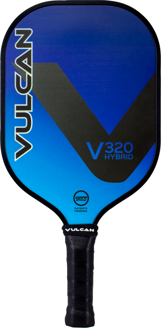 The Vulcan V320 Pickleball Paddle is displayed on a black background.