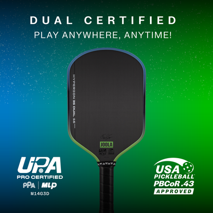 The JOOLA Hyperion 3S Dual 16mm Pickleball Paddle, featuring USA Pickleball and PPA/MLP certification logos, appears on a blue-green gradient background with the slogan "Play Anywhere, Anytime!.