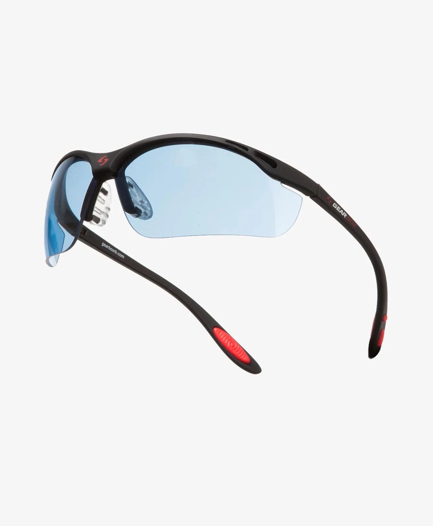 Gearbox Vision Eyewear Slim Fit Pickleball Glasses (with free hard case) by Gearbox feature black sports sunglasses with wraparound frames and light blue lenses. The arms have red rubber grips at the ends.