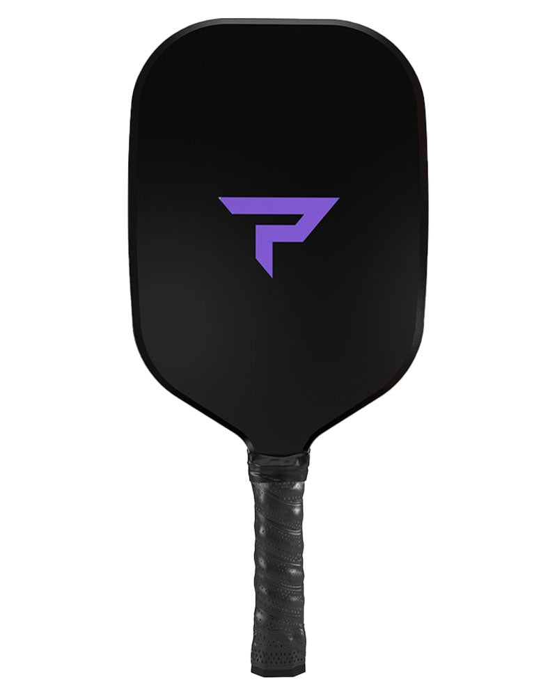 A Paddletek Bantam Sabre Pro Pickleball Paddle with a purple logo on it, designed for experienced singles players.