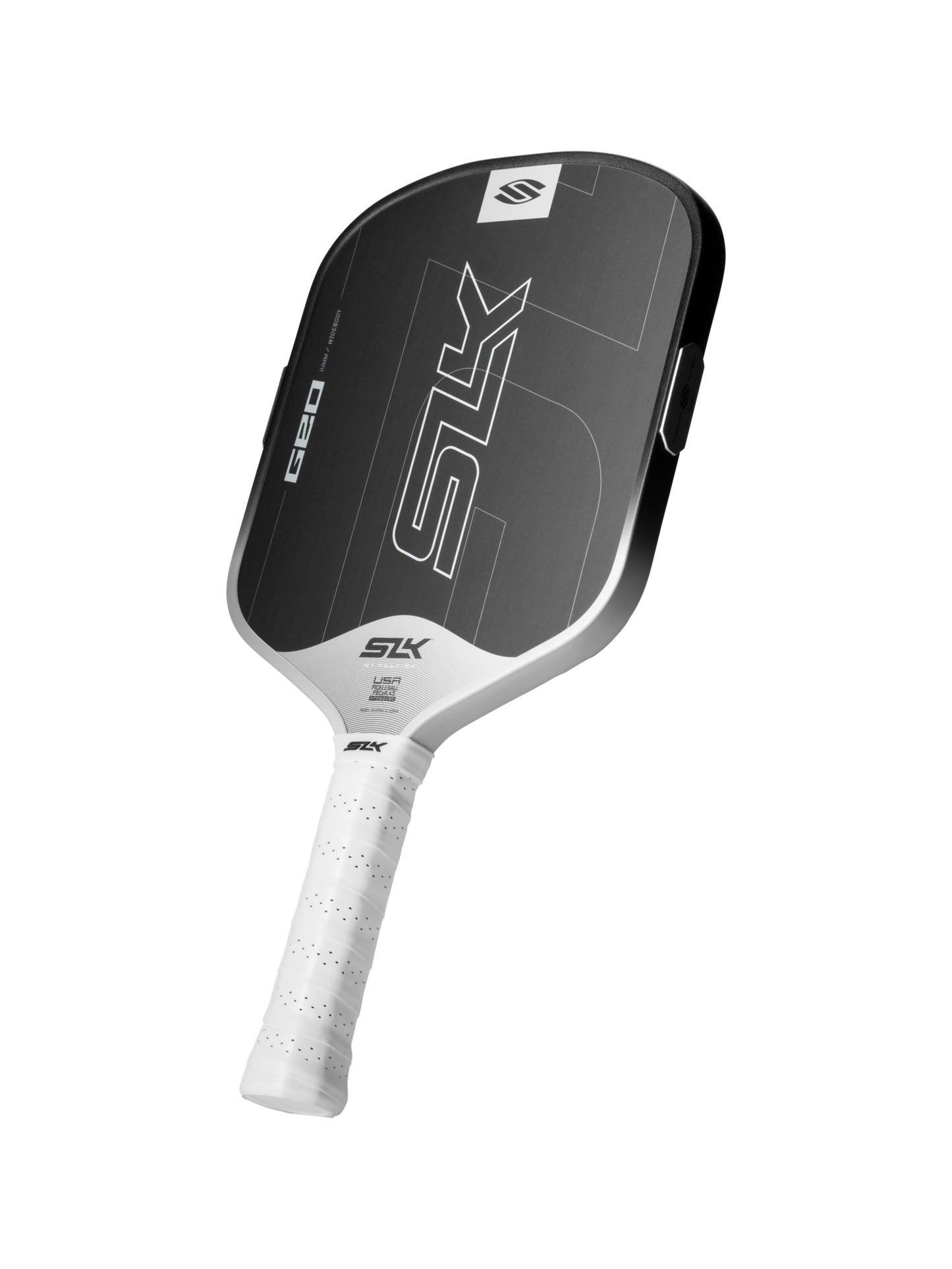 The Selkirk SLK GEO Widebody 14mm Pickleball Paddle features a black and white design with a white grip, displayed against a plain white background.