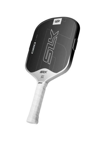 The Selkirk SLK GEO Widebody 14mm Pickleball Paddle features a black and white design with a white grip, displayed against a plain white background.