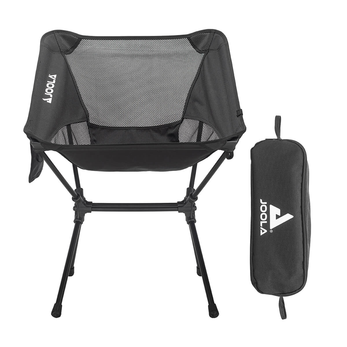 A JOOLA Compact Portable Chair with metal frame, shown alongside its compact carrying case. The brand name "JOOLA" is printed on the chair and the carrying case.