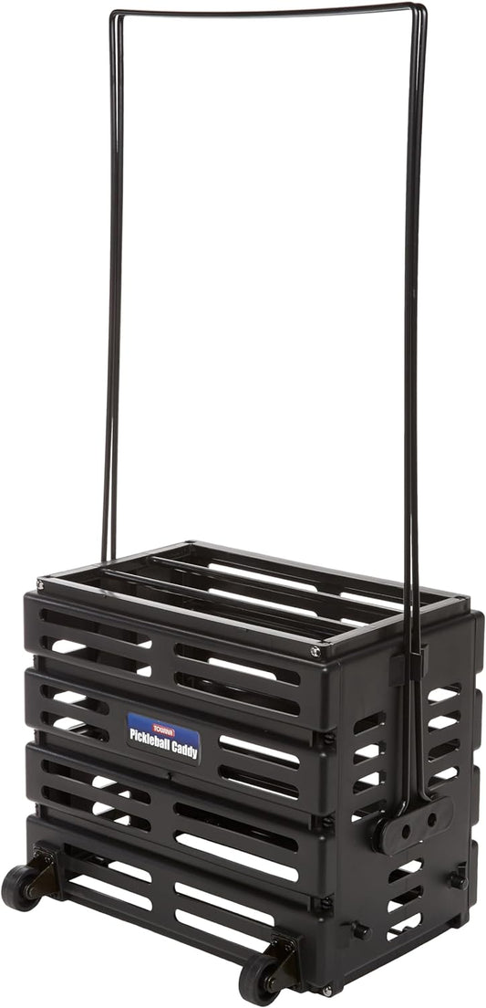 The Tourna Pickleball Caddy Delux With Wheels by Tourna is designed with a rectangular shape, metal frame, two wheels, and a handle. It is ideal for holding and transporting pickleball balls.