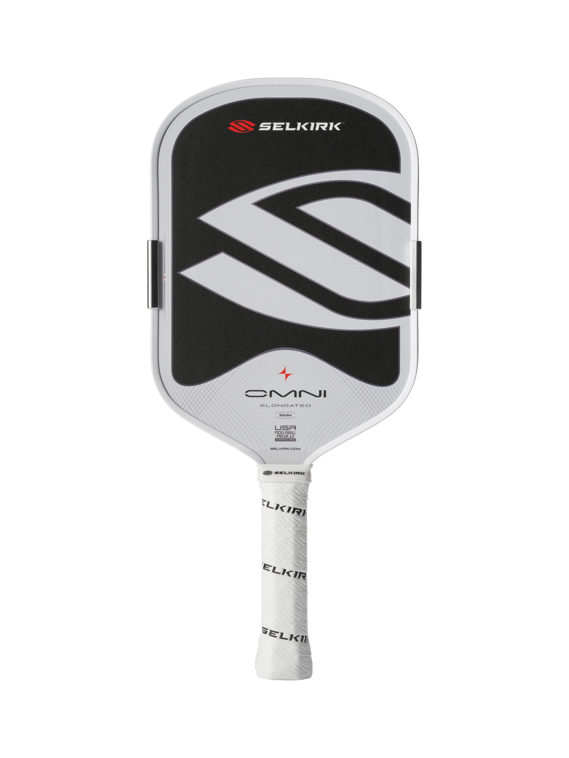 The Selkirk OMNI Elongated 16mm Pickleball Paddle features a black and white design with a large "S" logo and white grip, making it an ideal all-court paddle for versatile play.