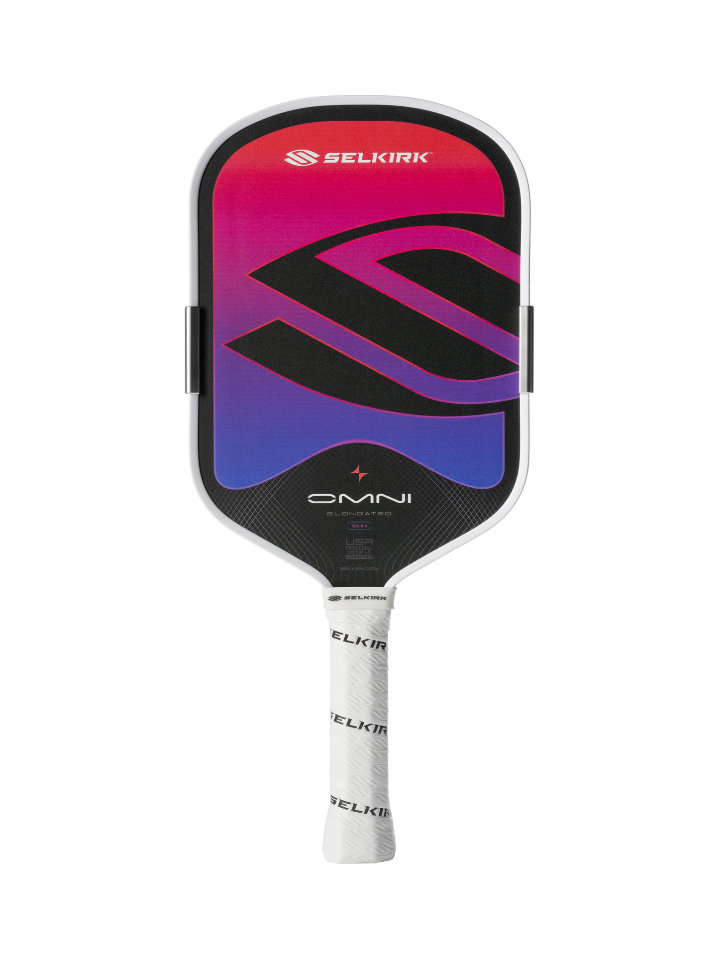 The Selkirk OMNI Elongated 16mm Pickleball Paddle features a gradient red, purple, and black face with the Selkirk logo and white-wrapped handle—ideal as an all-court paddle for versatile play.