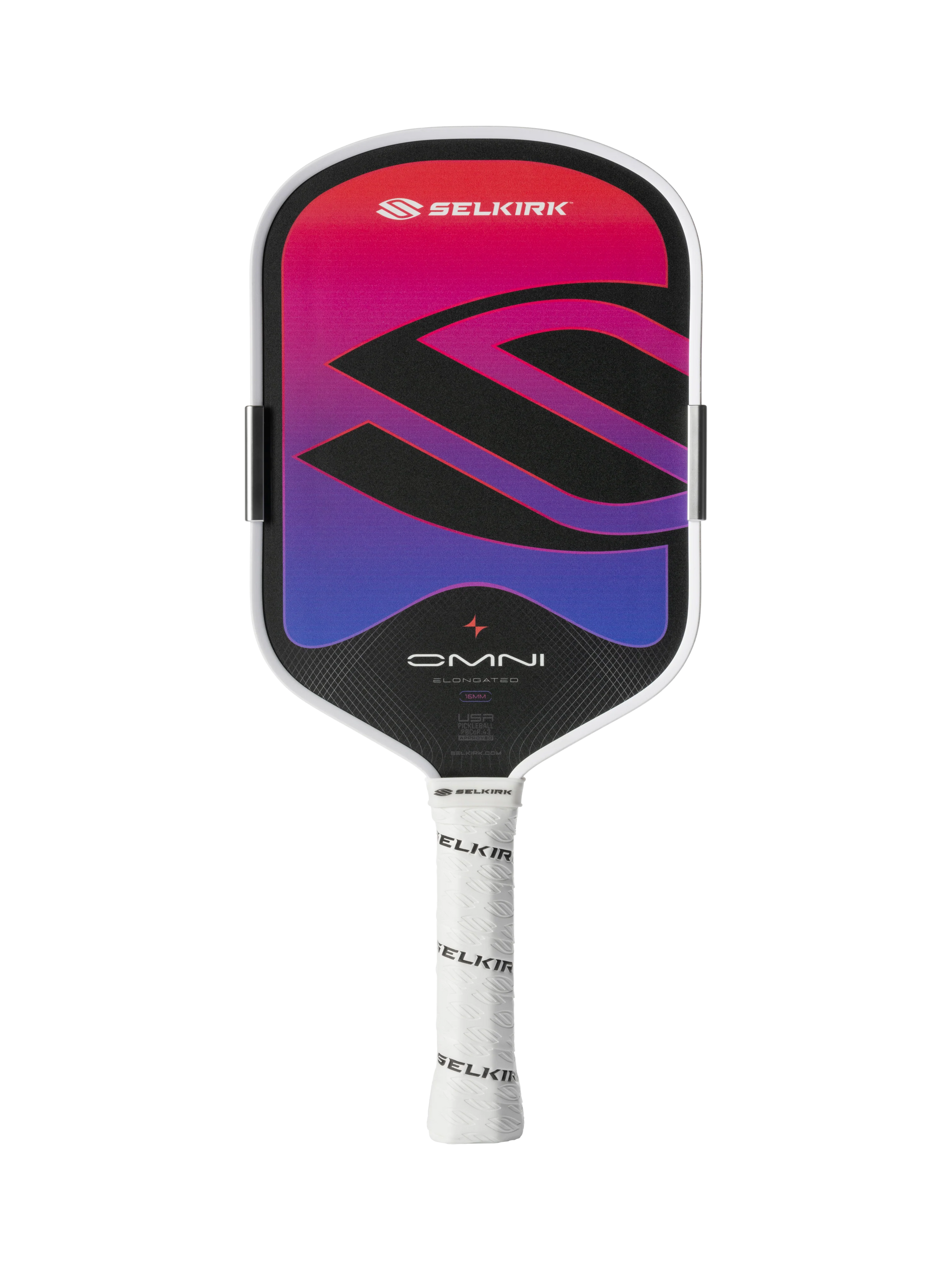 The Selkirk OMNI Elongated 16mm Pickleball Paddle features a gradient red, purple, and black face with the Selkirk logo and white-wrapped handle—ideal as an all-court paddle for versatile play.