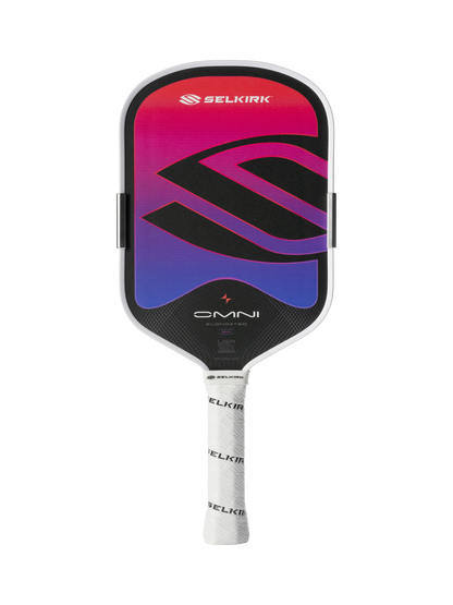 The Selkirk OMNI Elongated 16mm Pickleball Paddle features a gradient red, purple, and black face with the Selkirk logo and white-wrapped handle—ideal as an all-court paddle for versatile play.