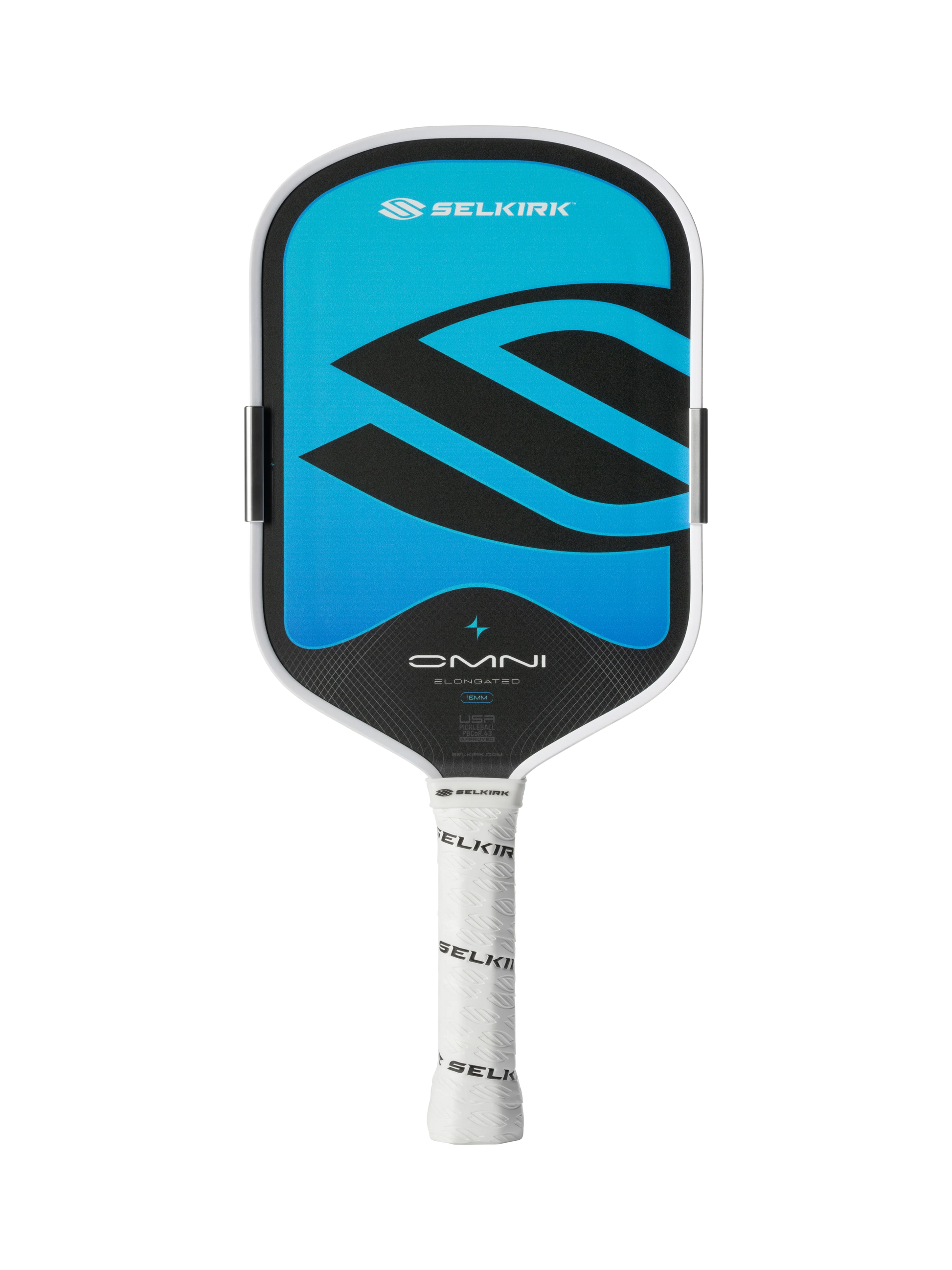 A blue and black Selkirk OMNI Elongated 16mm Pickleball Paddle with a white grip is shown against a white background.