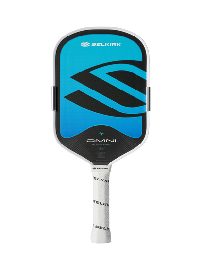 A blue and black Selkirk OMNI Elongated 16mm Pickleball Paddle with a white grip is shown against a white background.