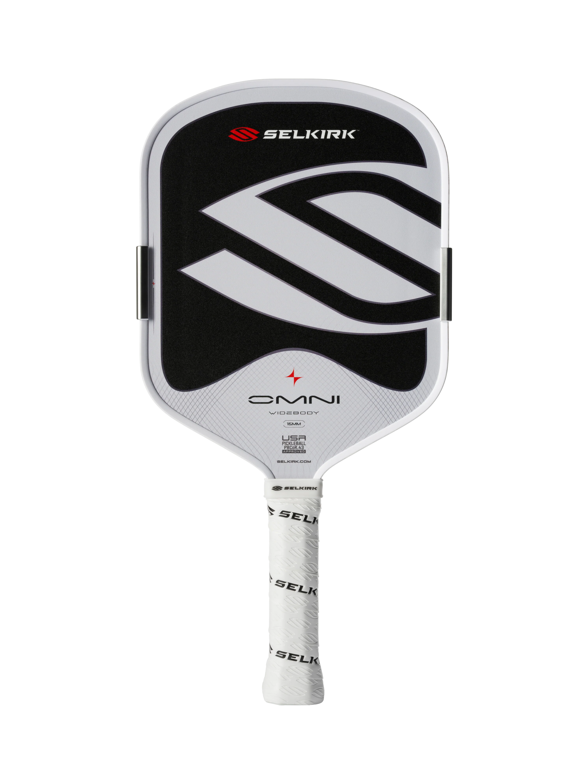 The Selkirk OMNI Widebody 16mm Pickleball Paddle features a black and white design with the Selkirk logo and "OMNI" on the face, plus a white grip—perfect for versatile all-court play.