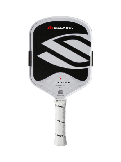 The Selkirk OMNI Widebody 16mm Pickleball Paddle features a black and white design with the Selkirk logo and "OMNI" on the face, plus a white grip—perfect for versatile all-court play.