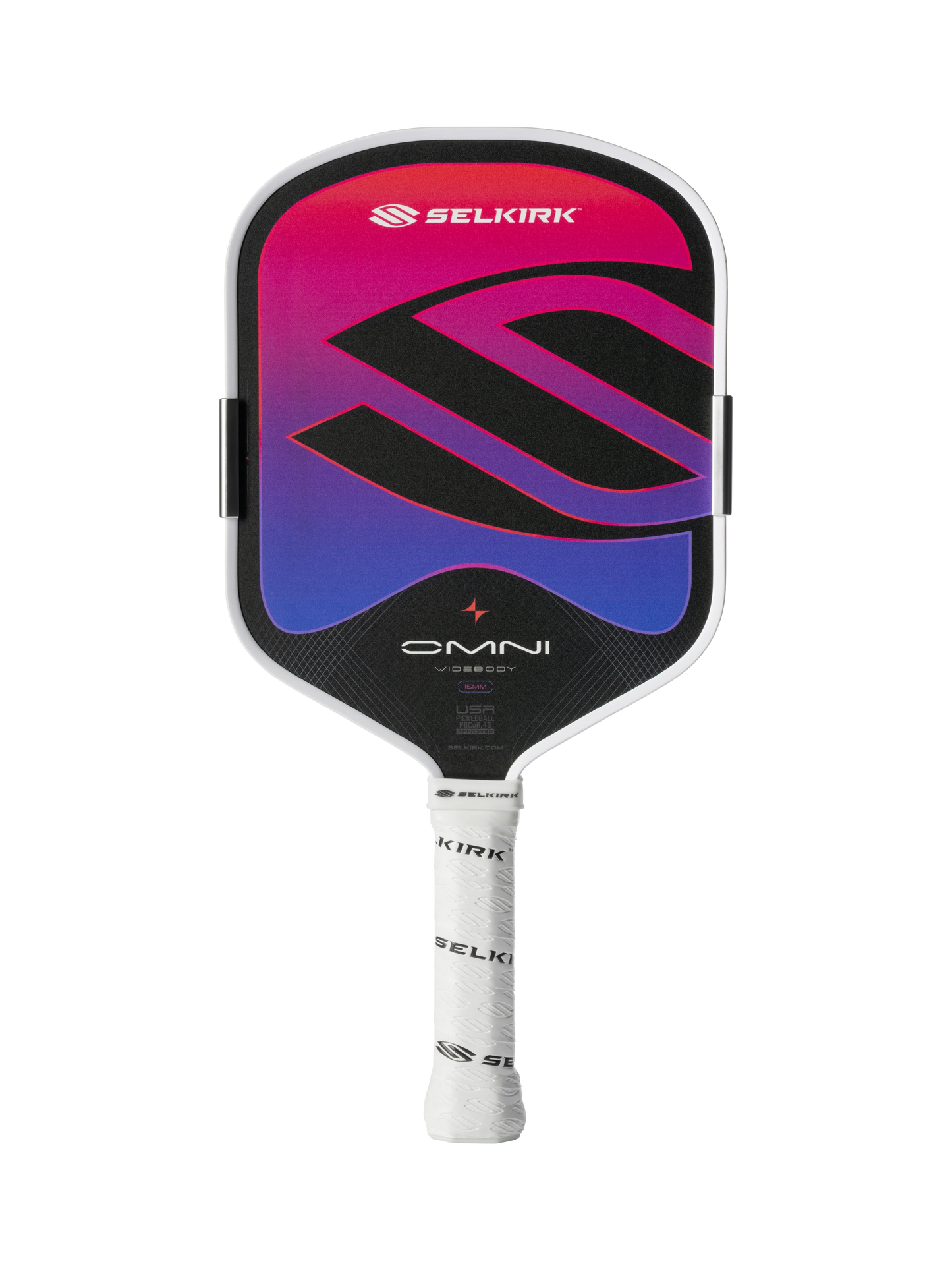 The Selkirk OMNI Widebody 16mm Pickleball Paddle features a white grip and a black, pink, and purple face with a bold "S" logo—an excellent all-court paddle for versatile play.