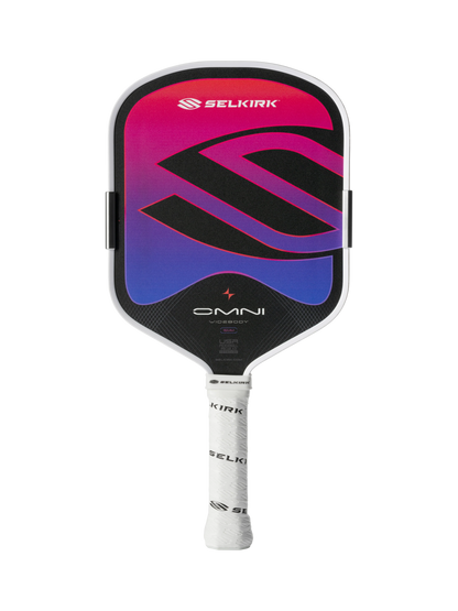 The Selkirk OMNI Widebody 16mm Pickleball Paddle features a white grip and a black, pink, and purple face with a bold "S" logo—an excellent all-court paddle for versatile play.