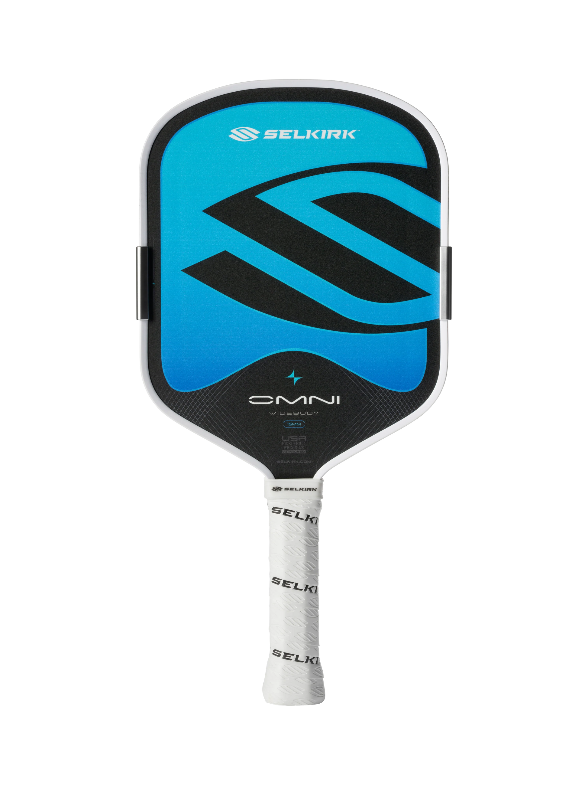 The Selkirk OMNI Widebody 16mm Pickleball Paddle in blue and black features a white grip and is ideal for versatile, all-court play.