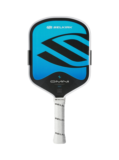 The Selkirk OMNI Widebody 16mm Pickleball Paddle in blue and black features a white grip and is ideal for versatile, all-court play.