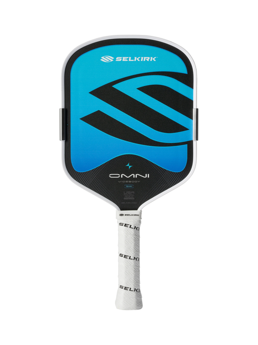 The Selkirk OMNI Widebody 16mm Pickleball Paddle in blue and black features a white grip and is ideal for versatile, all-court play.