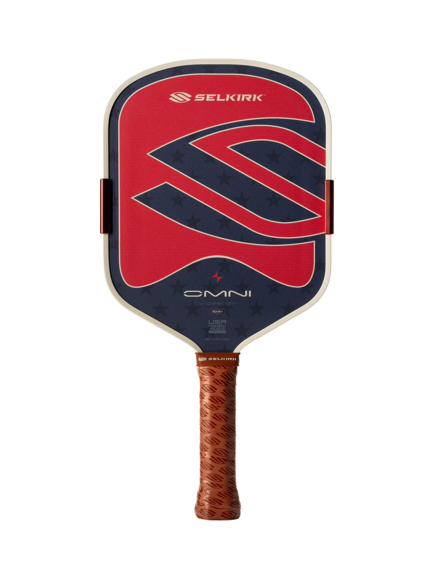 The Selkirk OMNI Widebody 16mm Pickleball Paddle features a red, blue, and white design with a textured brown grip, making it ideal for versatile play on any court.