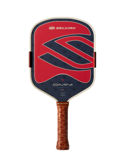 The Selkirk OMNI Widebody 16mm Pickleball Paddle features a red, blue, and white design with a textured brown grip, making it ideal for versatile play on any court.