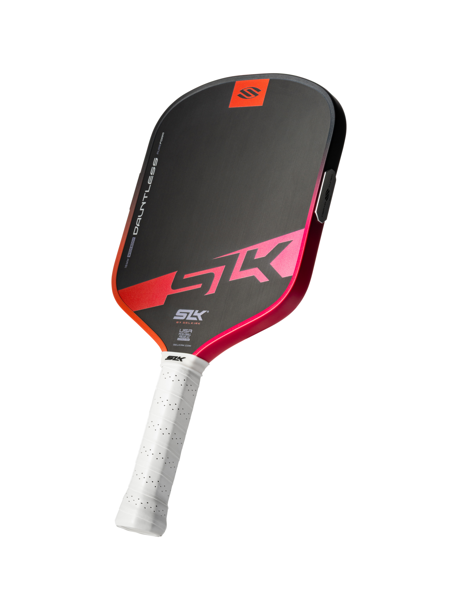 The Selkirk SLK Dauntless Widebody 16mm Pickleball Paddle features a black and red design, a white grip, and displays the Selkirk logo and name "SK" on the face and handle.