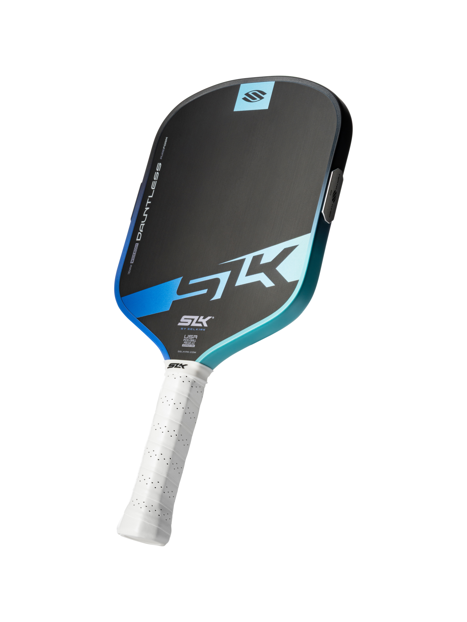 The Selkirk SLK Dauntless Widebody 16mm Pickleball Paddle, black and blue with a white grip and SK plus Selkirk logos, is displayed on a plain white background.