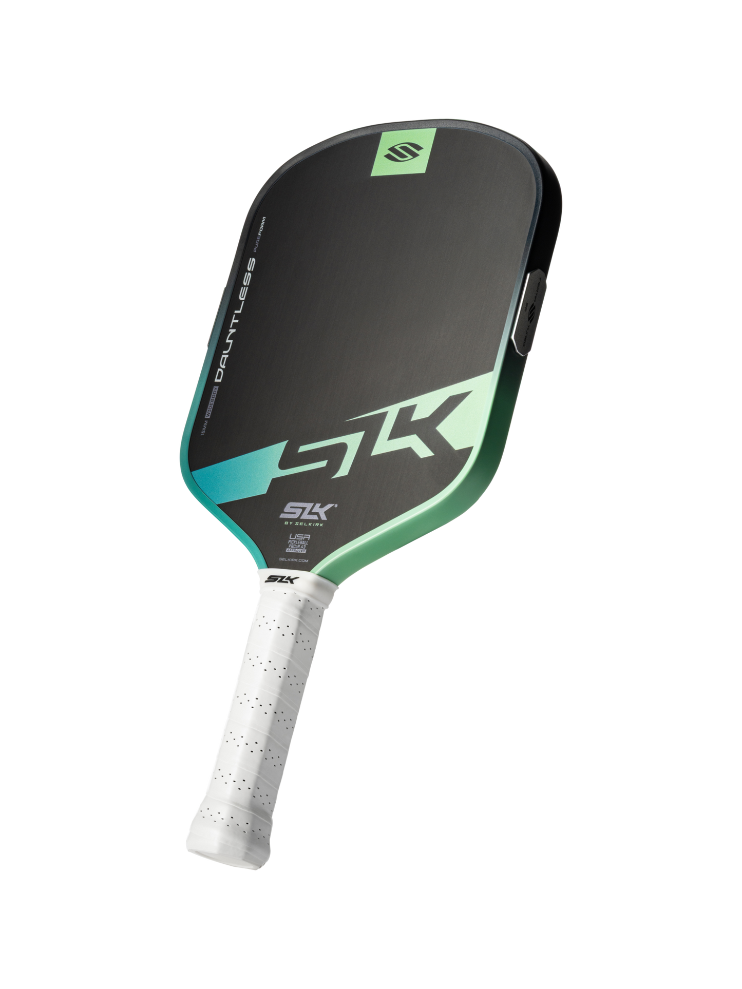 The Selkirk SLK Dauntless Widebody 16mm Pickleball Paddle features a black and green design with a white perforated grip, showcasing the Selkirk logo and "DAUNTLESS" branding on the face.