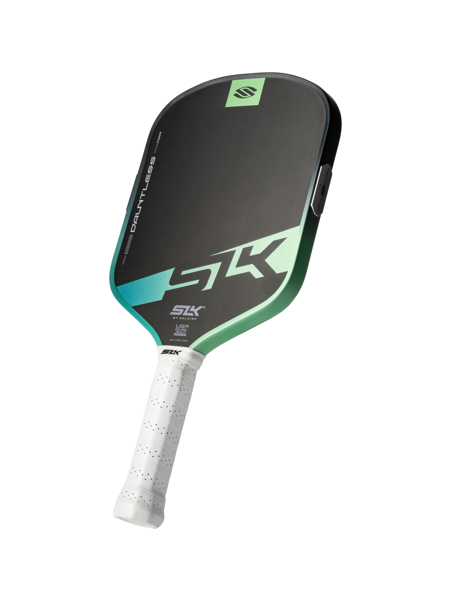 The Selkirk SLK Dauntless Widebody 16mm Pickleball Paddle features a black and green design with a white perforated grip, showcasing the Selkirk logo and "DAUNTLESS" branding on the face.