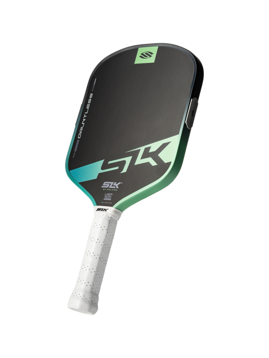 The Selkirk SLK Dauntless Widebody 16mm Pickleball Paddle features a black and green design with a white perforated grip, showcasing the Selkirk logo and "DAUNTLESS" branding on the face.